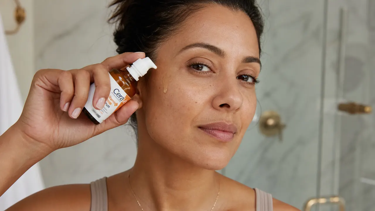 Person applying a few drops of CeraVe Vitamin C Serum to their cheek in front of a bathroom mirror
