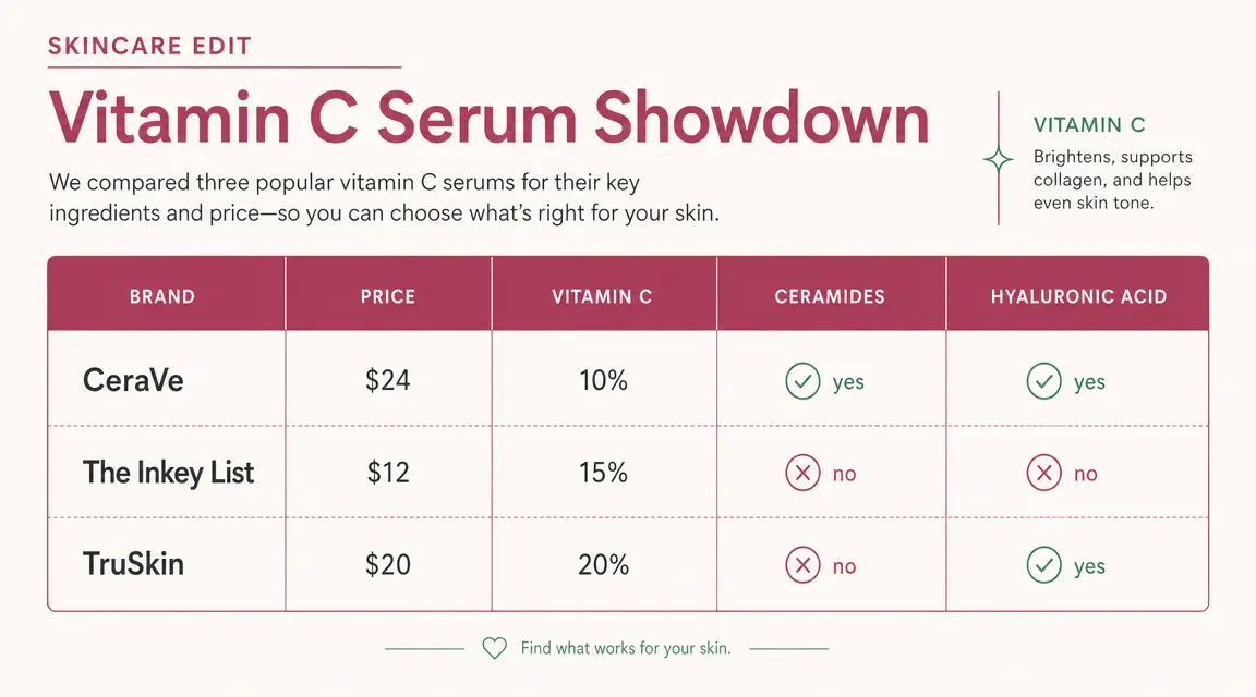 Ingredient comparison chart showing vitamin C serum formulas at different price points with ceramide content noted