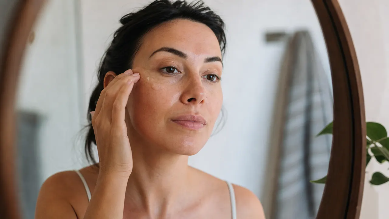 Person applying a few drops of serum to clean dry skin on their cheek, visible in a bathroom mirror