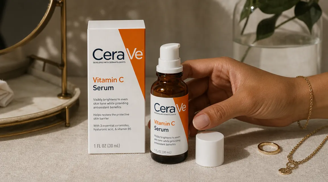 CeraVe Vitamin C Serum pump next to an opened serum bottle showing the amber-tinted glass that protects vitamin C from oxidation