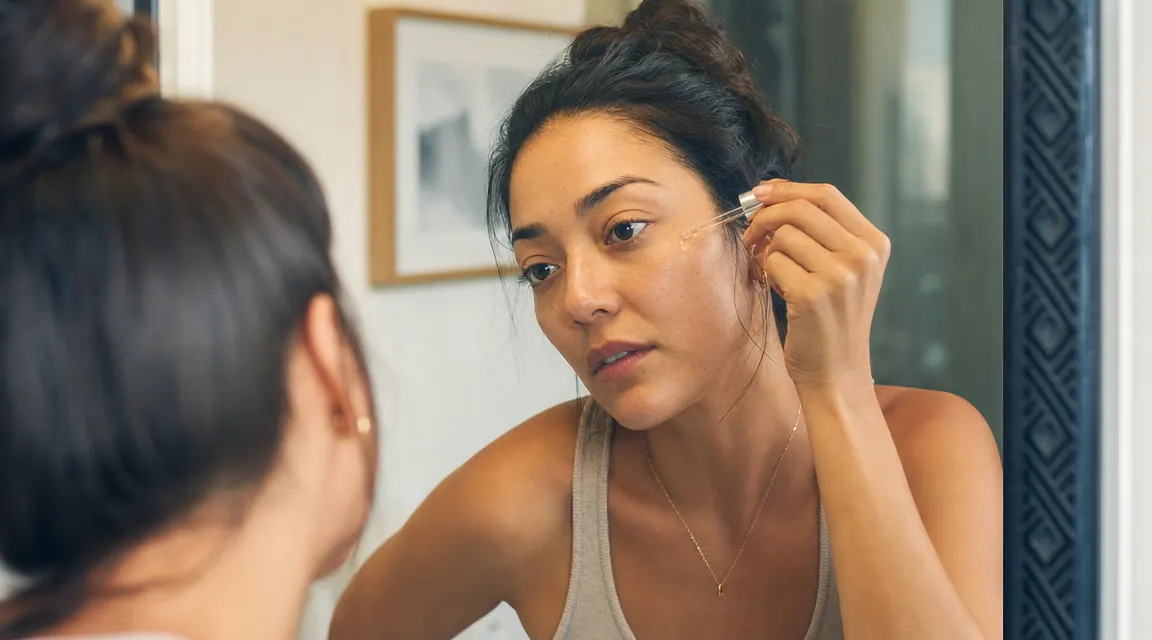 Woman in her 30s applying serum to cheeks in a bathroom mirror, morning routine, natural light