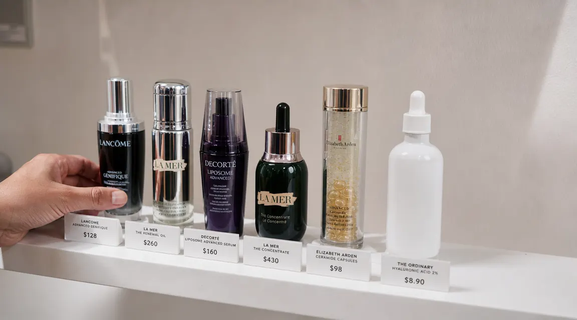 Skincare products lined up on a shelf, several with price tags, the CeraVe serum standing apart from more expensive bottles