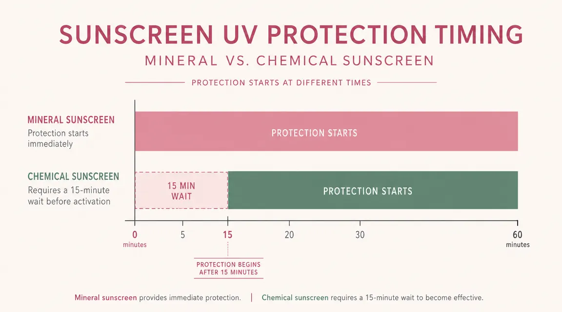 Side-by-side chart comparing SPF protection timeline for mineral versus chemical sunscreen over an eight-hour day