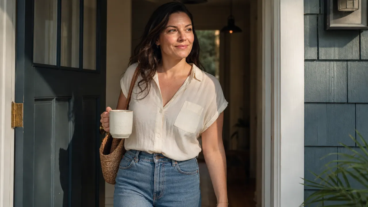 Woman leaving for work in morning sun, skin looking even and natural without heavy makeup