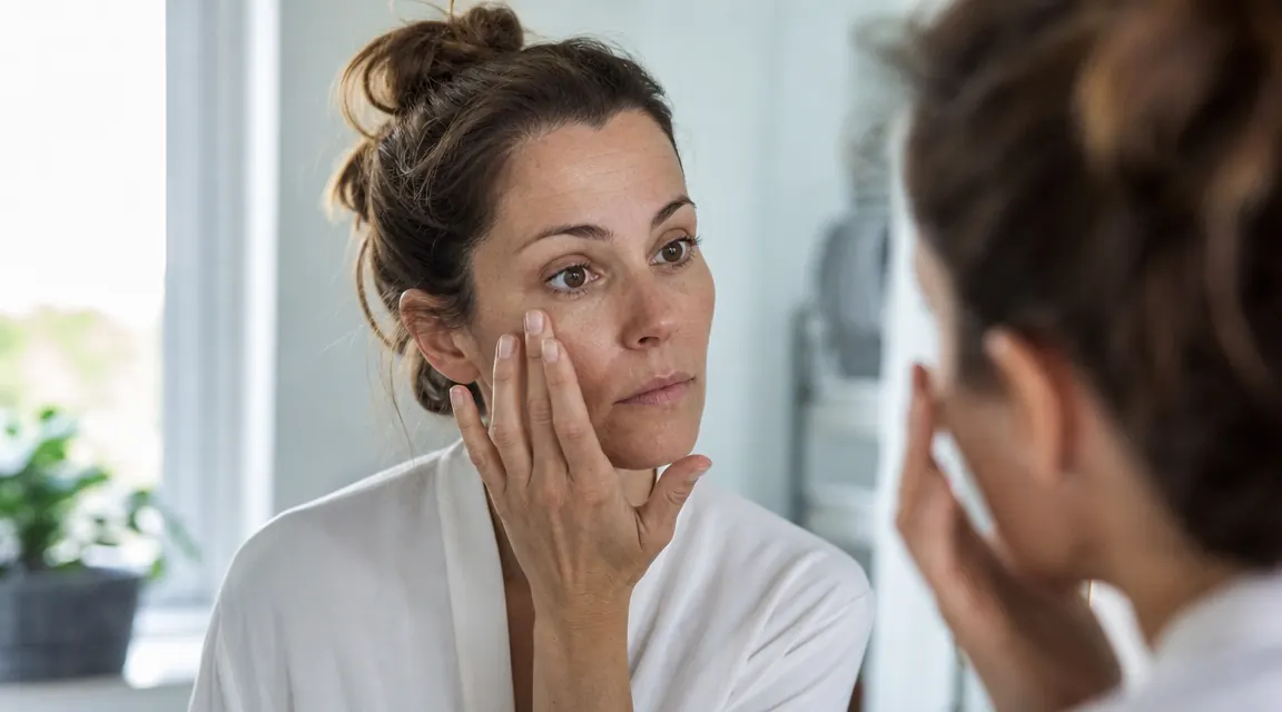 Woman applying sunscreen to her face in front of a bathroom mirror, natural daylight through a frosted window