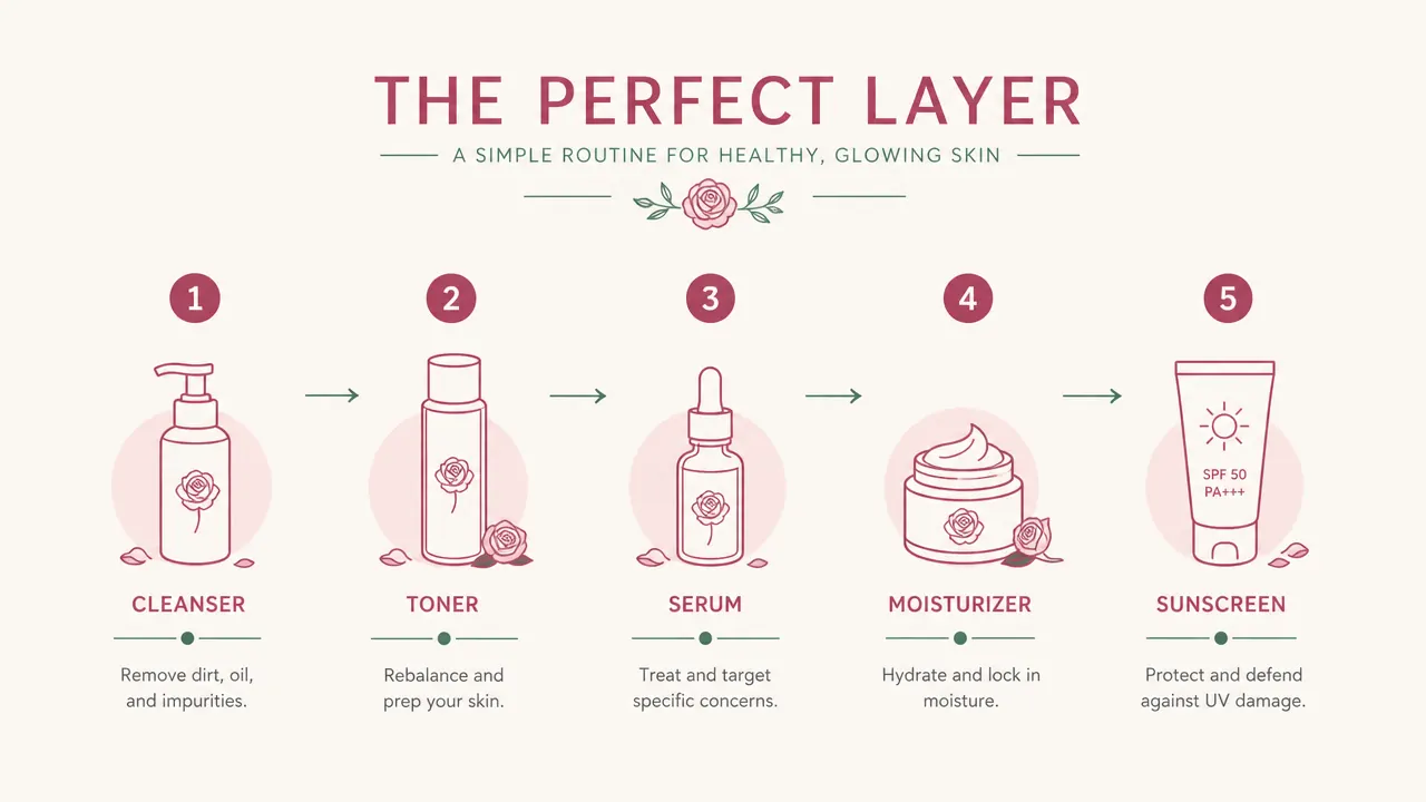 Diagram showing the correct skincare layering order from thinnest to thickest product
