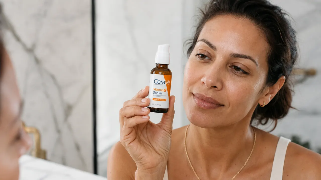 Hand holding a small glass dropper bottle of CeraVe Vitamin C Serum over a marble countertop