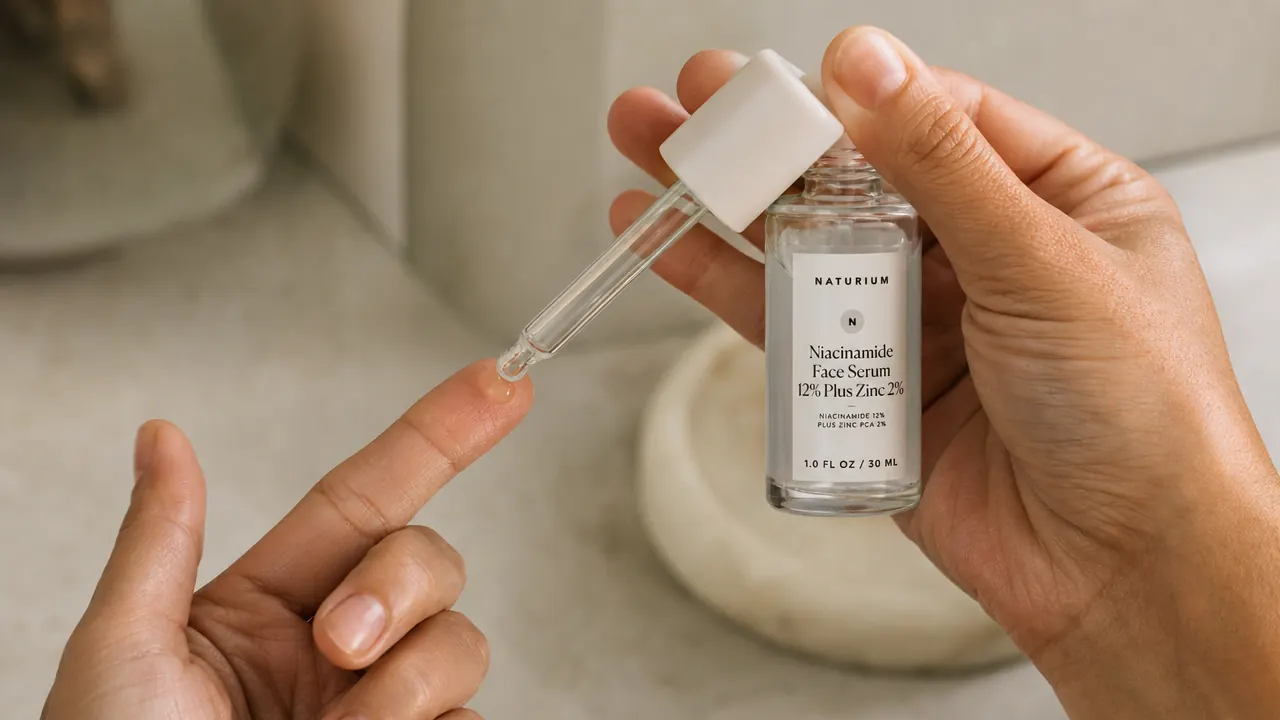 Close-up of Naturium Niacinamide serum dropper dispensing a small amount of clear serum onto fingertips