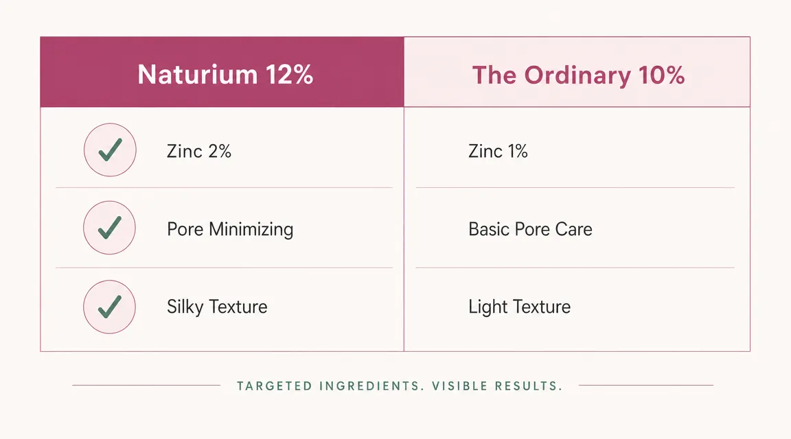 Comparison chart showing Naturium 12% niacinamide versus The Ordinary 10% niacinamide across concentration, zinc content, texture, and pore-minimizing effect
