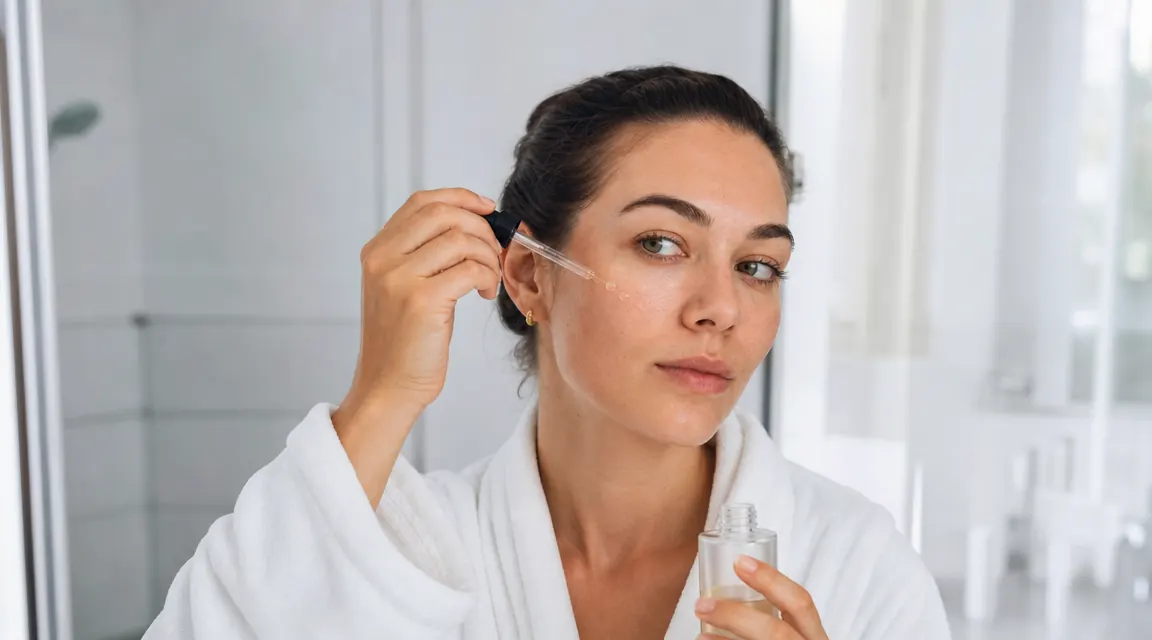 Woman applying a small amount of clear serum to her cheek in front of a bathroom mirror, morning light