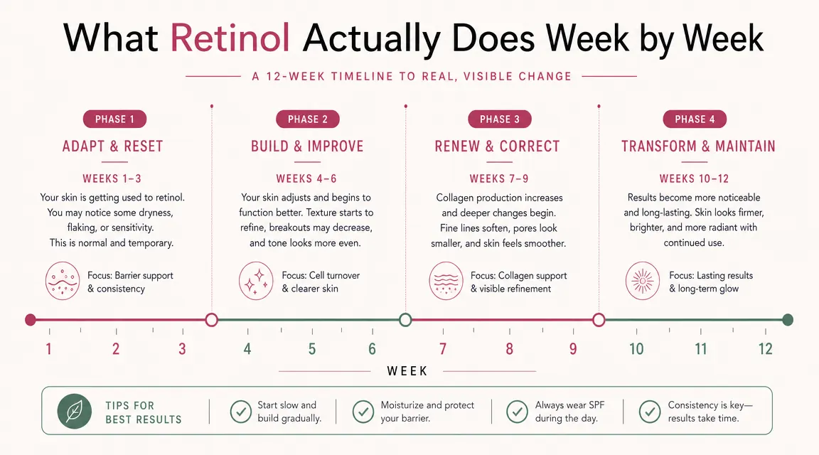 Chart showing a retinol adjustment timeline across twelve weeks, with phases labeled weeks 1-2 adjustment, weeks 3-4 purge, weeks 5-8 stabilization, weeks 9-12 visible improvement