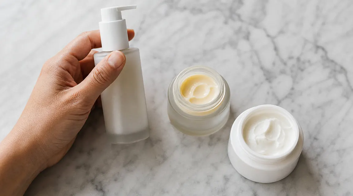 Flatlay of a simple nighttime skincare routine: a moisturizer, a retinol jar, and a gentle cleanser arranged neatly on a white marble surface