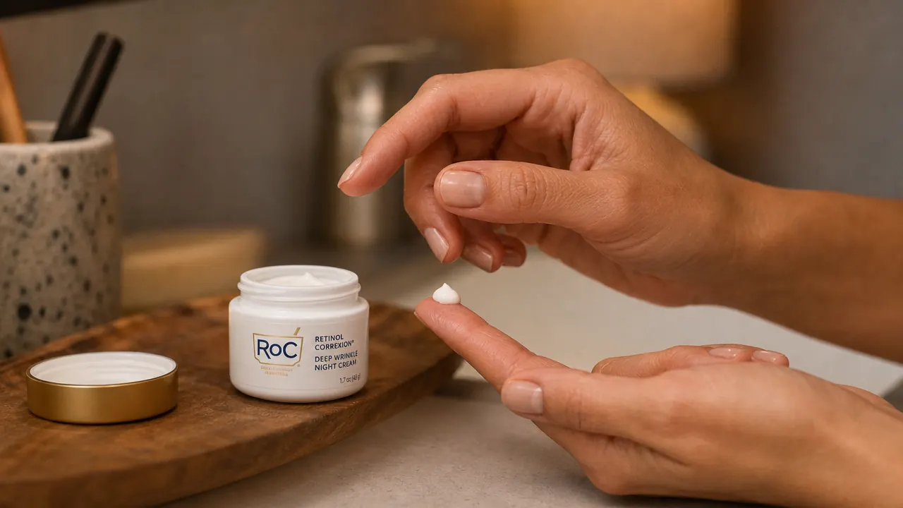 Hands applying a small amount of retinol night cream to clean skin before bed