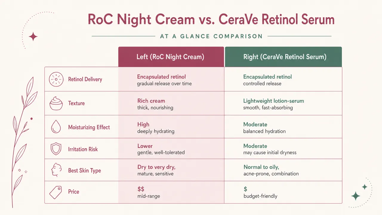 Side-by-side chart comparing RoC Night Cream and CeraVe Retinol Serum across six attributes