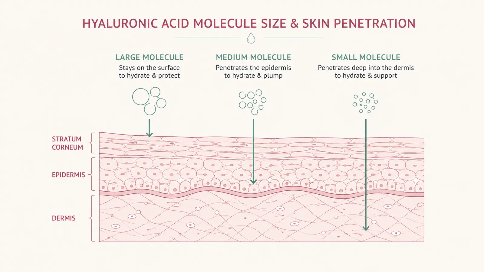 Diagram showing three molecule sizes of hyaluronic acid penetrating skin at different depths, labeled low, medium, and high molecular weight