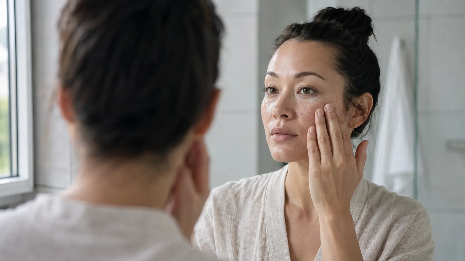 Woman applying serum to her cheek in soft morning light, looking directly at her reflection in a bathroom mirror